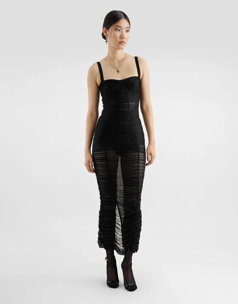 Calf-length stretch tulle slip dress