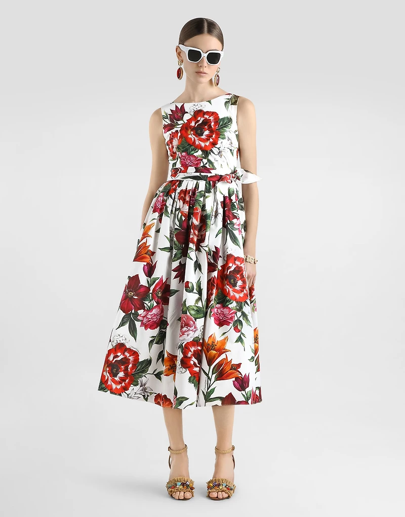 Flower-print sleeveless poplin dress