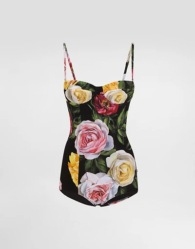 One-piece swimsuit with rose and peony print