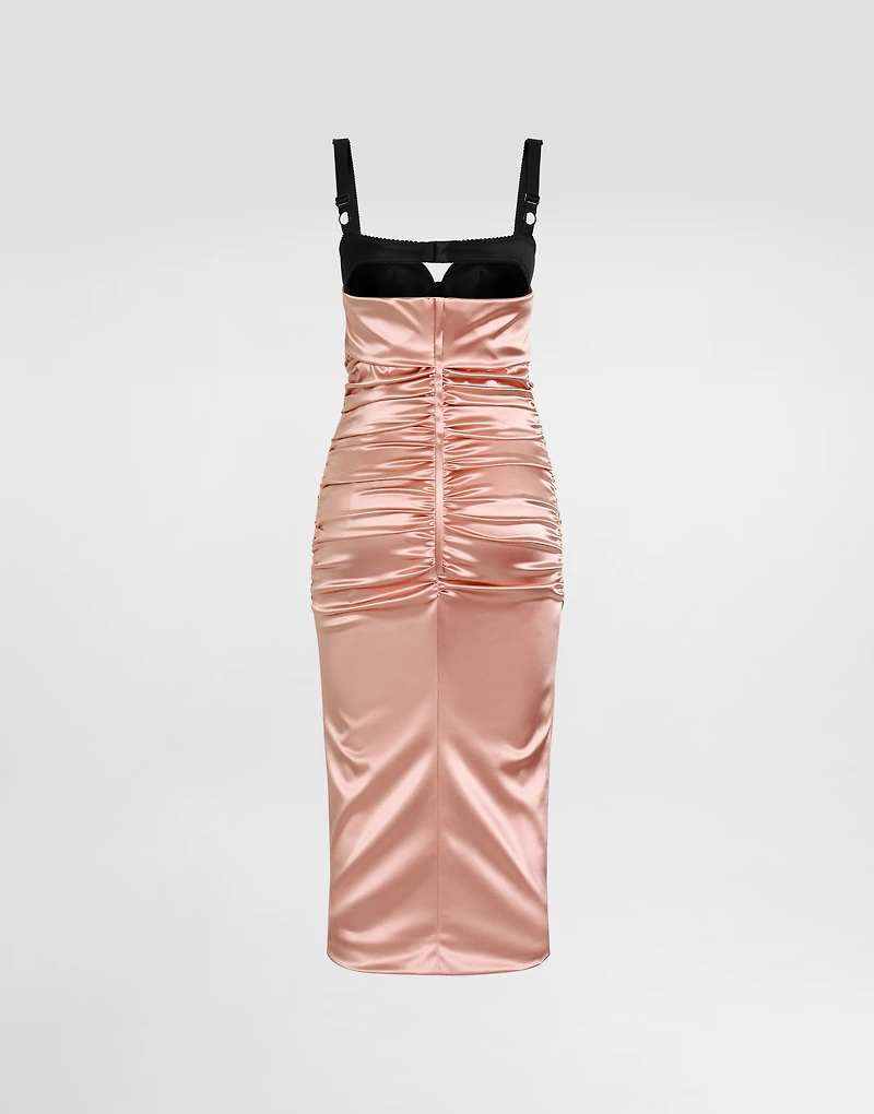 Draped satin calf-length dress with bra-style cups