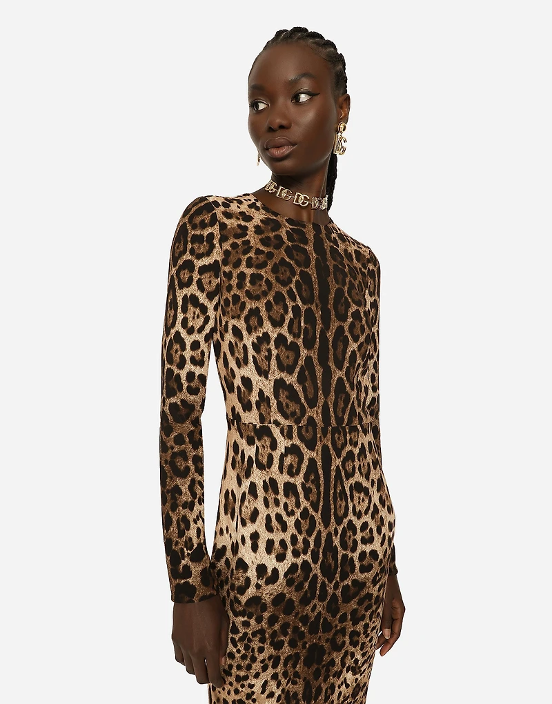 Leopard-print cady dress with long sleeves