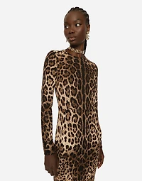 Leopard-print cady dress with long sleeves