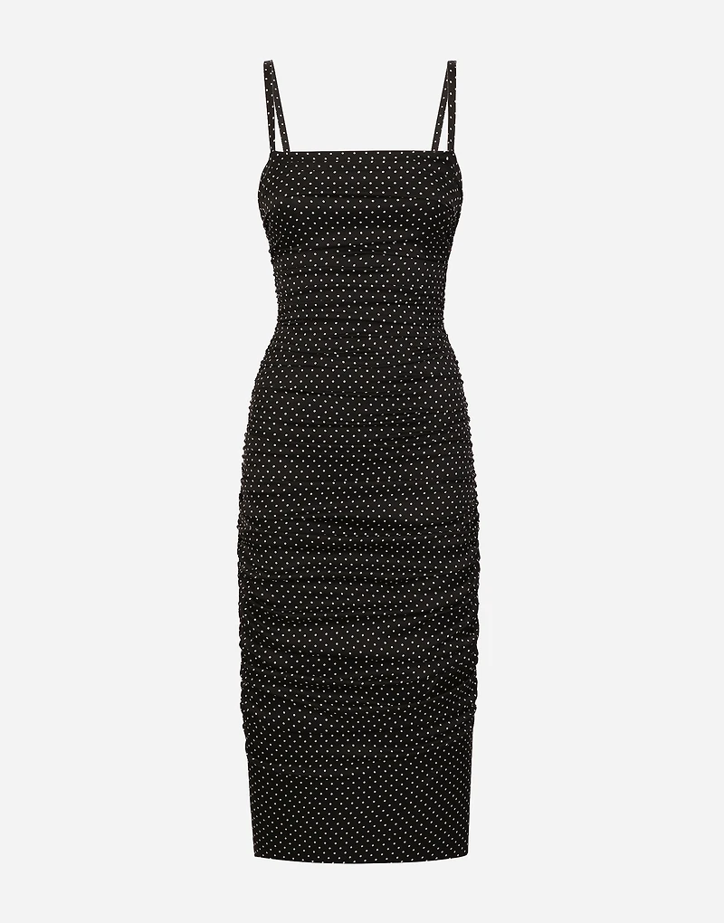 Charmeuse sheath dress with micro polka-dot print: