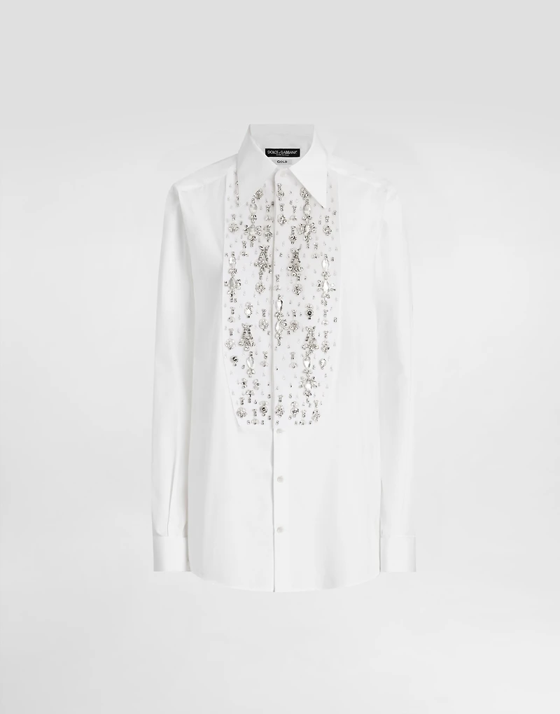 Cotton tuxedo shirt with rhinestone-embroidered front
