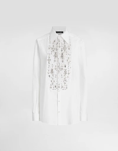Cotton tuxedo shirt with rhinestone-embroidered front