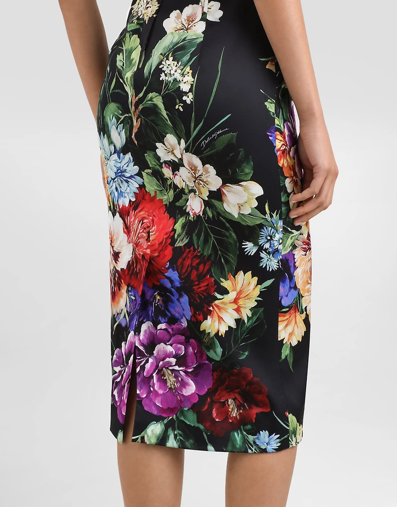Flower-print fitted satin dress