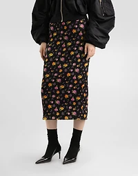 Small rose bouquets-print straight charmeuse skirt