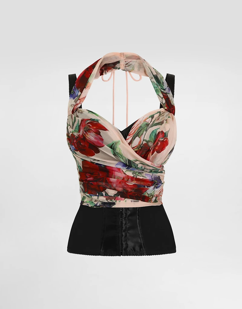 Marquisette and chiffon corset top with floral print