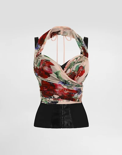 Marquisette and chiffon corset top with floral print