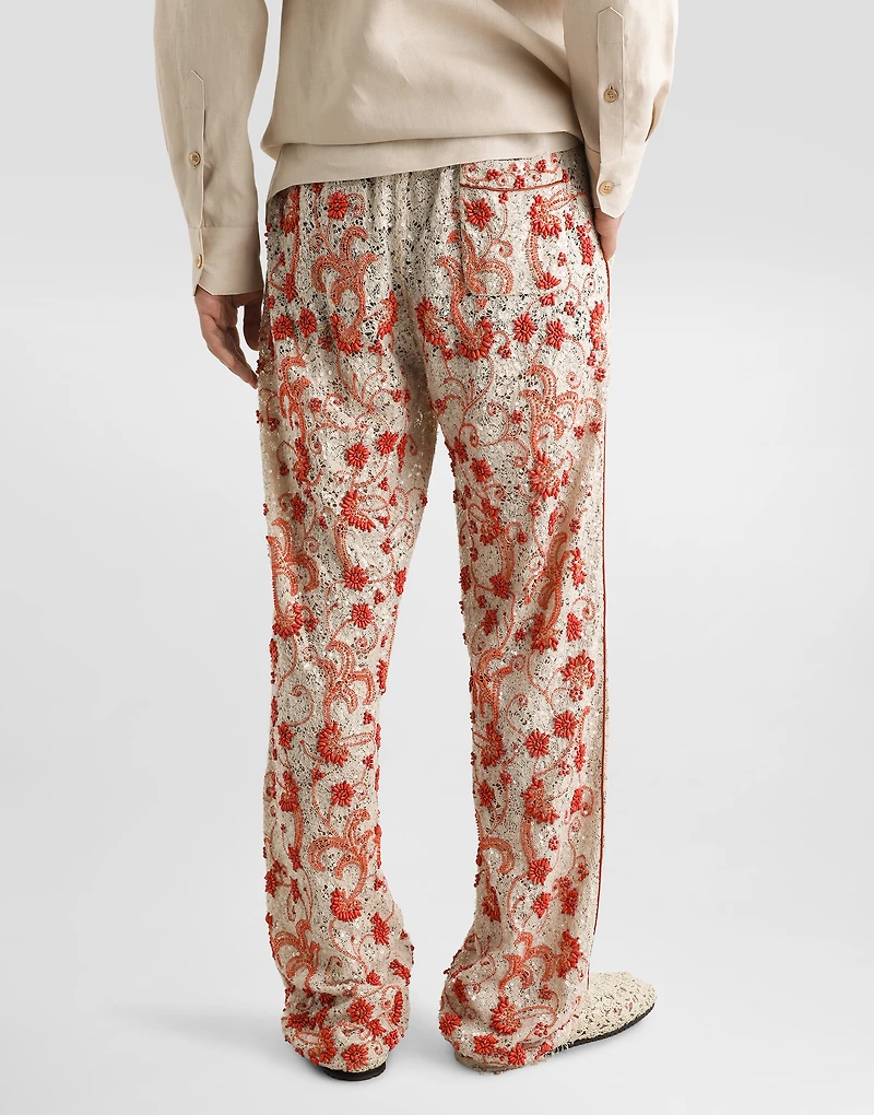 Lace pants with coral and rhinestone embroidery