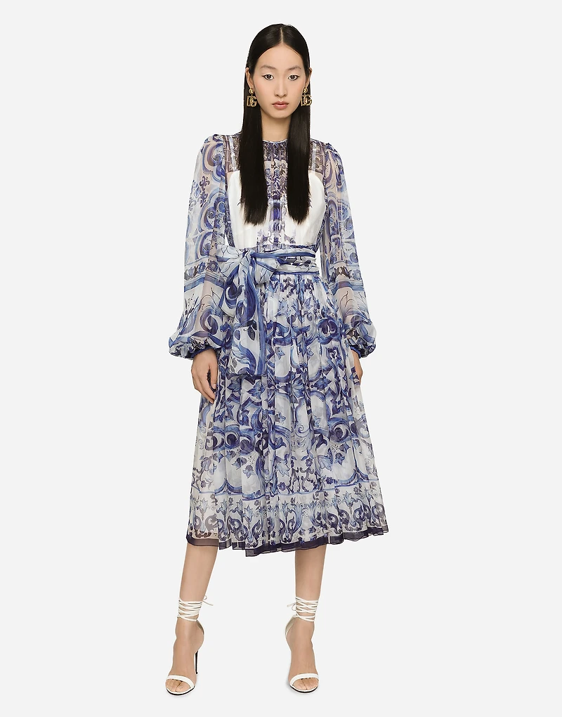 Majolica print chiffon midi dress