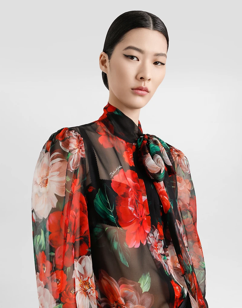 Chiffon pussy-bow shirt with floral print