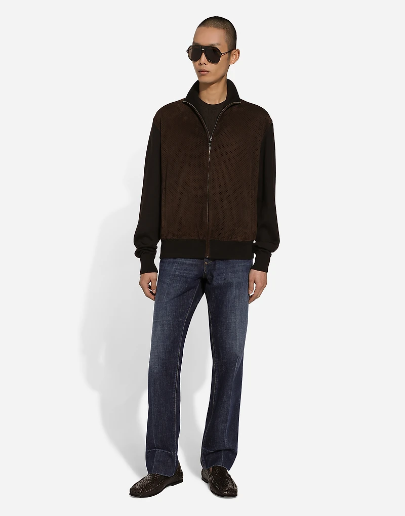 High-necked leather and wool jacket