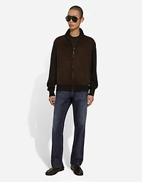 High-necked leather and wool jacket