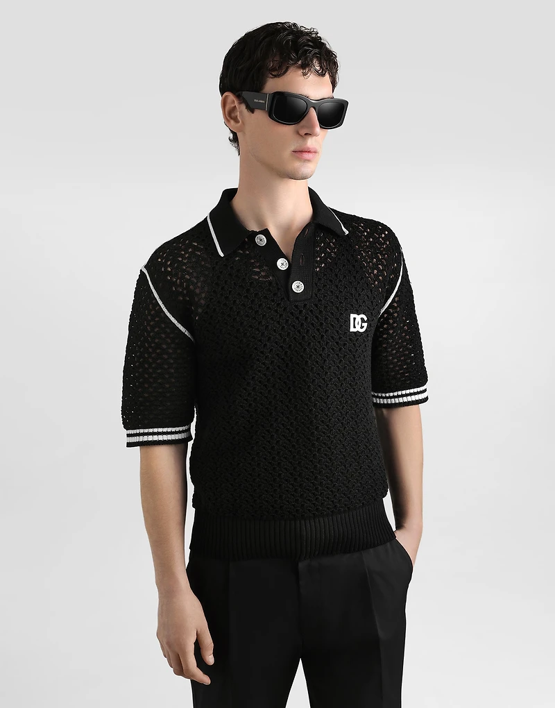 Crochet effect cotton polo shirt