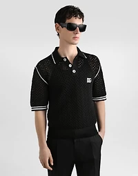 Crochet effect cotton polo shirt