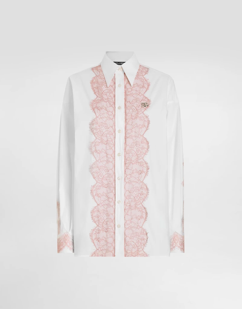 Oversize cotton poplin shirt with lace appliqués