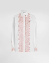 Oversize cotton poplin shirt with lace appliqués