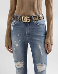 Leopard-print glossy calfskin belt with DG logo