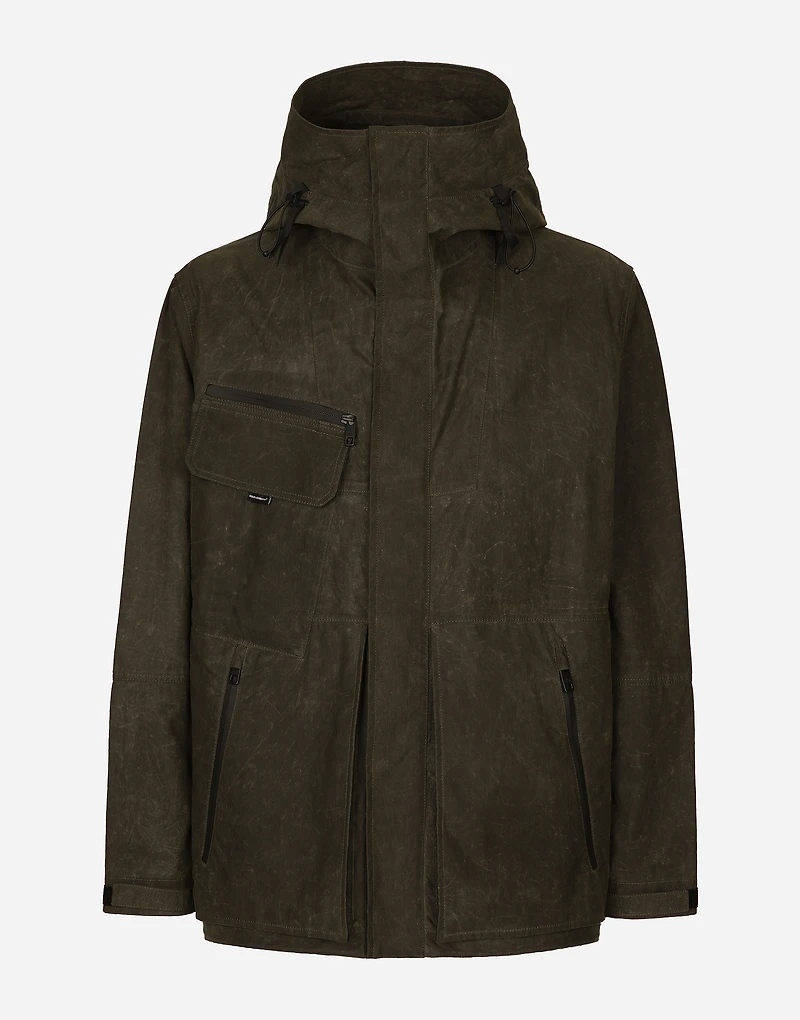 Lined technical fabric jacket with hood