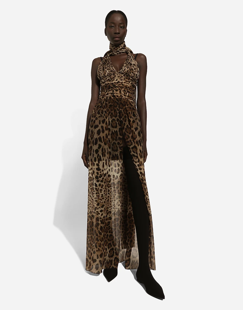 Long leopard-print chiffon dress
