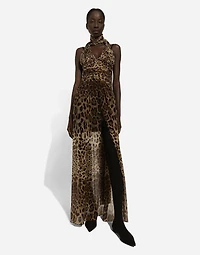 Long leopard-print chiffon dress