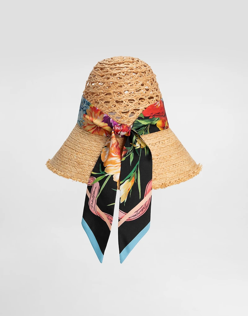 Straw hat with bandeau scarf