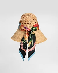 Straw hat with bandeau scarf