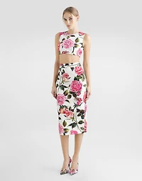 Rose-print cotton jacquard calf-length skirt
