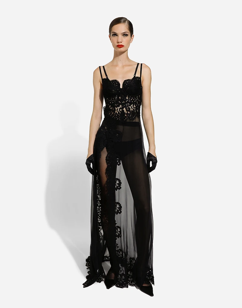 Long silk chiffon and Chantilly lace slip dress