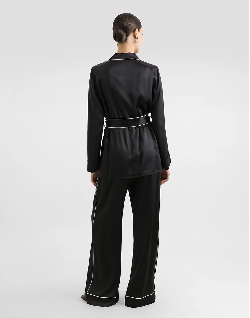 Silk pajama shirt with contrasting piping