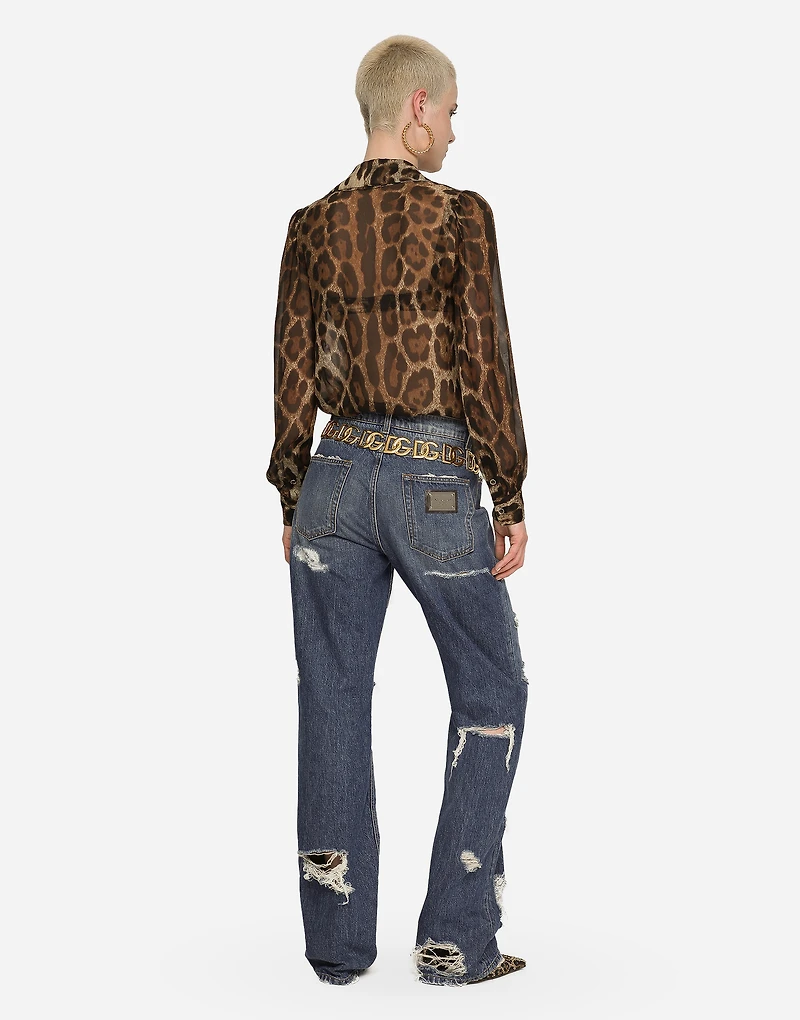 Leopard-print chiffon shirt with ruches