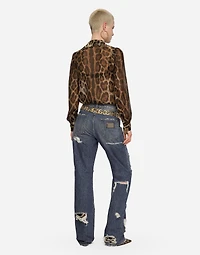 Leopard-print chiffon shirt with ruches