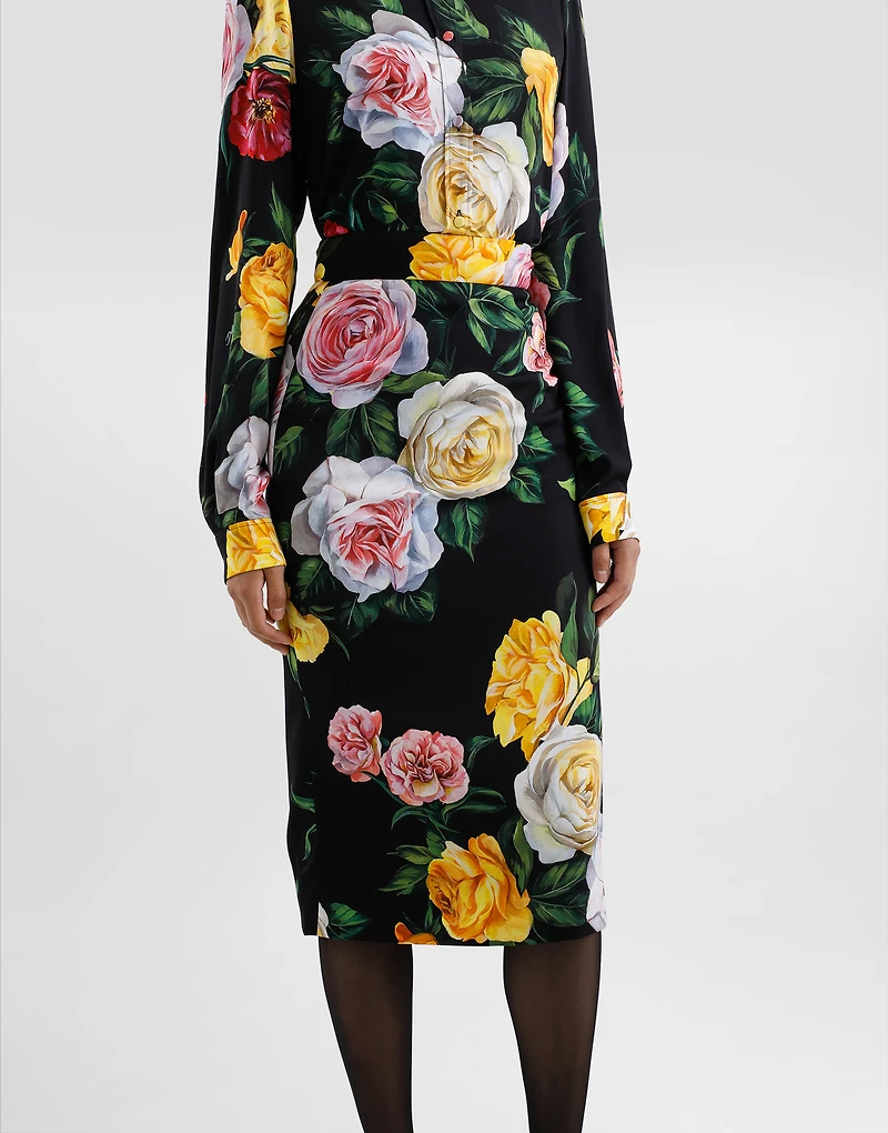 Peony and rose-print charmeuse calf-length skirt