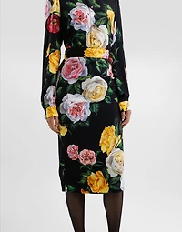 Peony and rose-print charmeuse calf-length skirt
