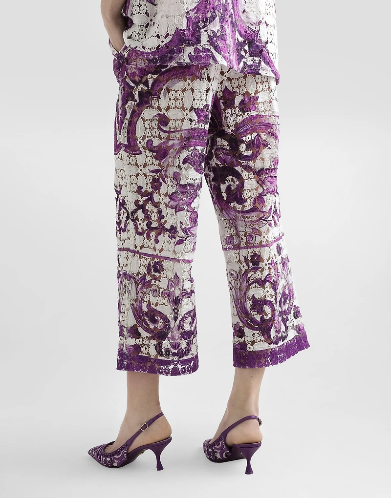 Majolica-print crochet lace trousers