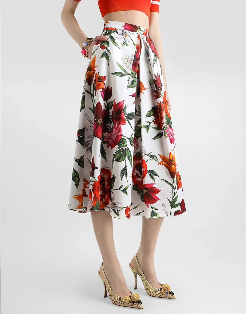 Flower-print pleated poplin skirt