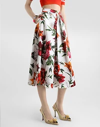 Flower-print pleated poplin skirt