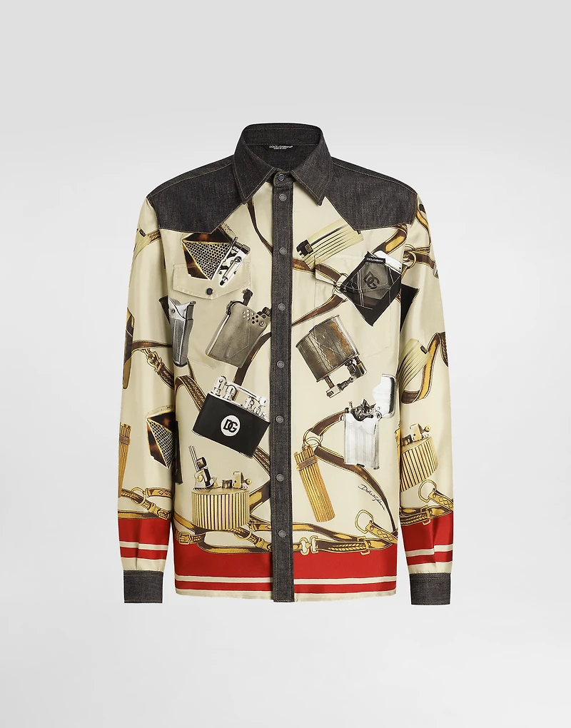 Silk and denim shirt with lighter print