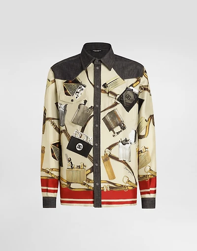 Silk and denim shirt with lighter print