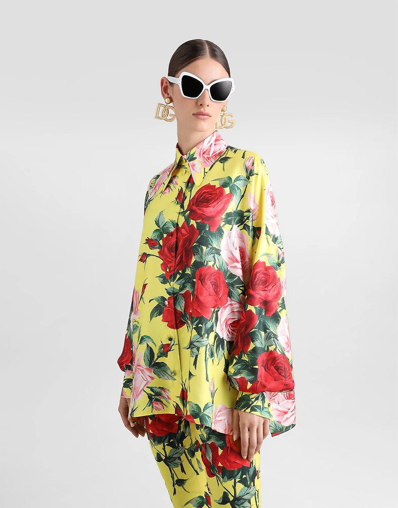 Oversize bouquet-print silk twill shirt