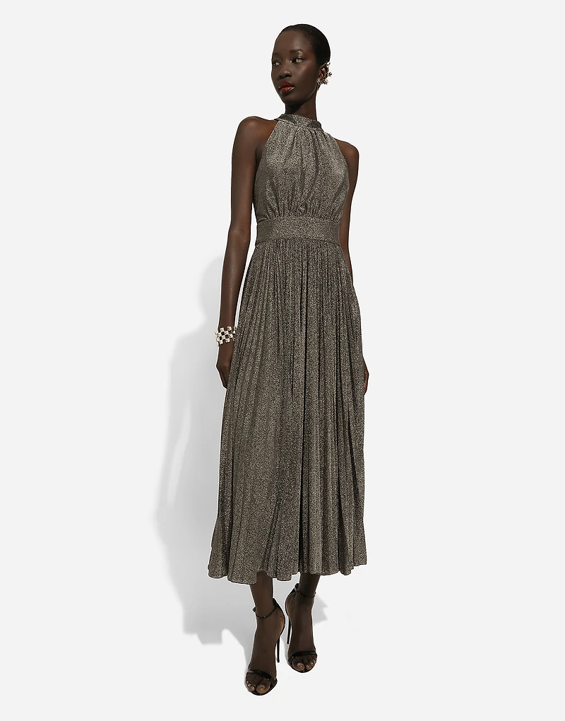 Pleated jersey lurex calf-length dress