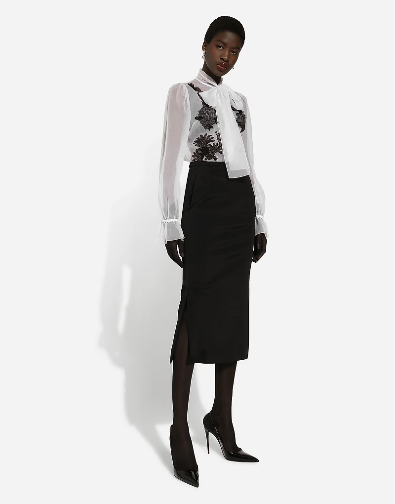 Organza pussy-bow shirt with lace appliqués
