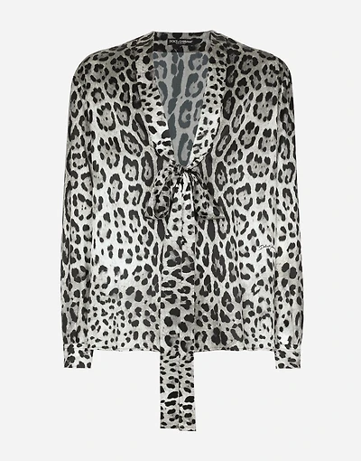Leopard-print silk shirt with pussy-bow