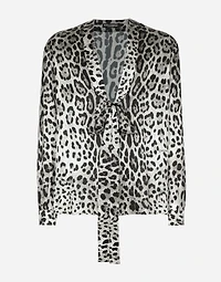 Leopard-print silk shirt with pussy-bow