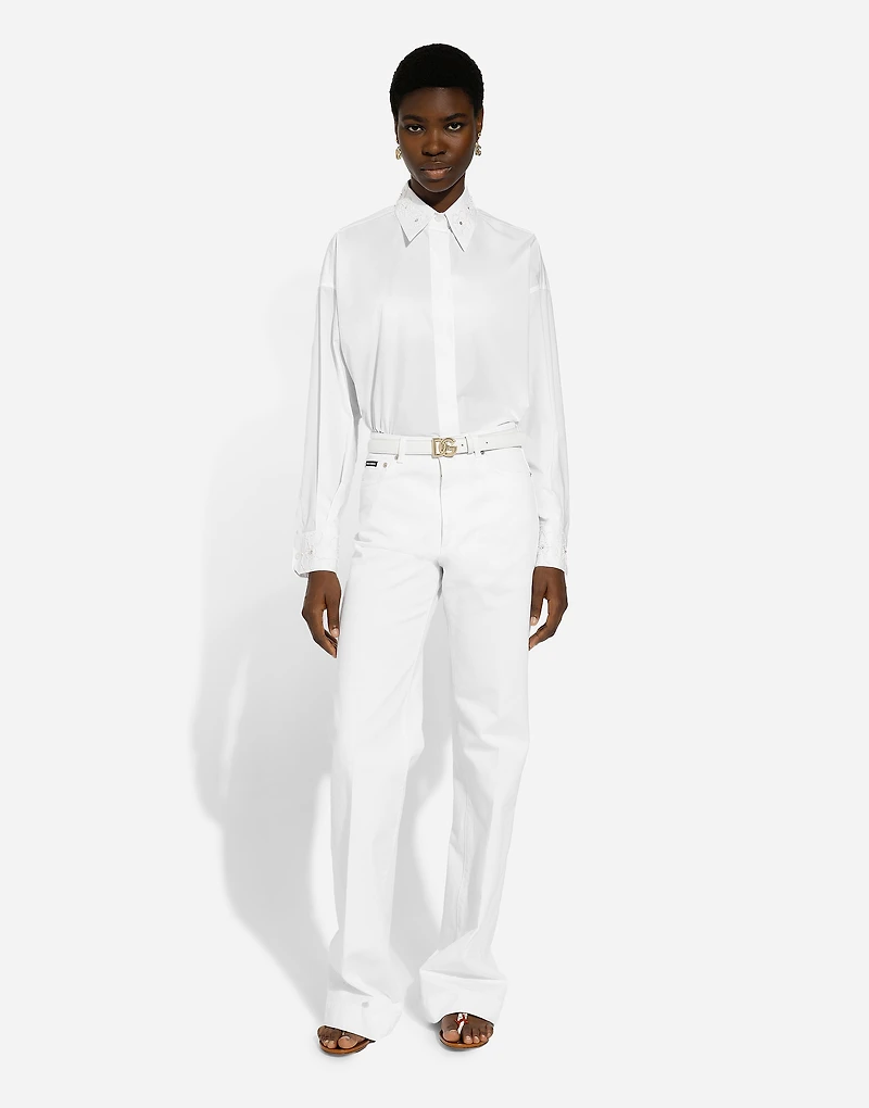 Long-sleeved cotton shirt with embroidered collar