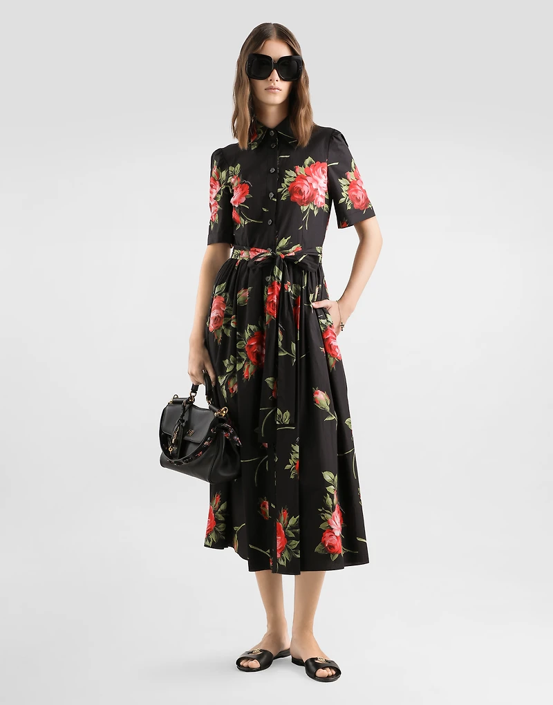 Rose bouquet-print poplin shirt dress