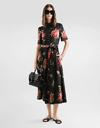 Rose bouquet-print poplin shirt dress