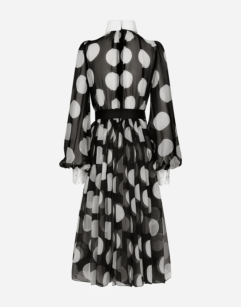 Polka-dot chiffon calf-length dress with piqué details