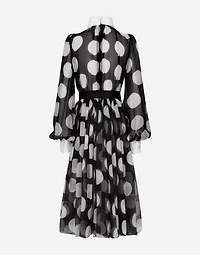 Polka-dot chiffon calf-length dress with piqué details